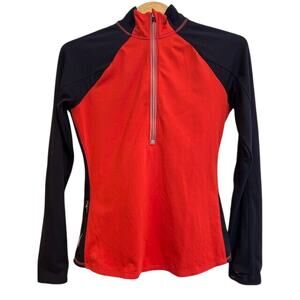 ATHLETA Running Wild Shirt Red Navy Blue Fall Winter Thumbholes 1/2 zip SMALL